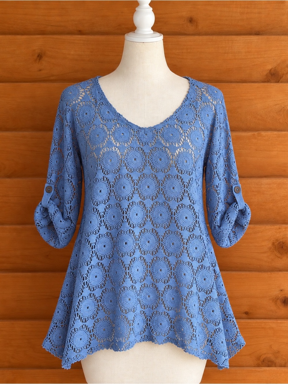 Frazzle Women's Blue Boho Tunic oversized Crochet Lace Scoop Neck knitTop sizeXL